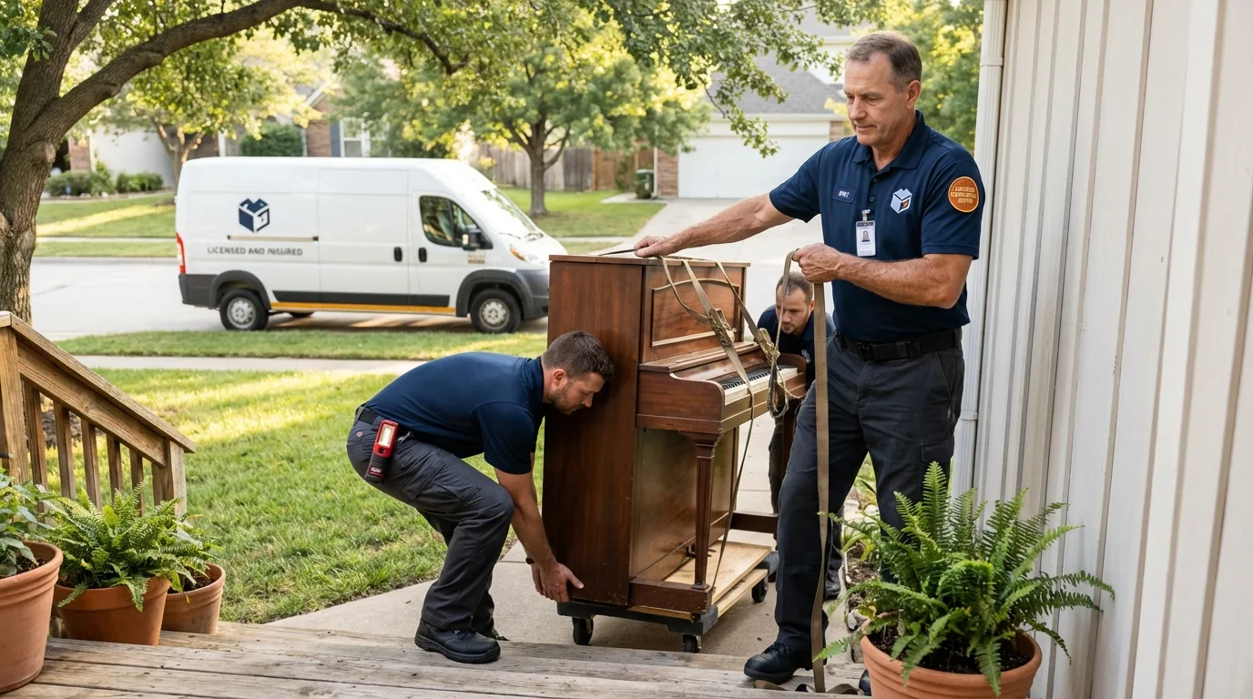 Licensed piano movers securing grand piano in Clayton, NC