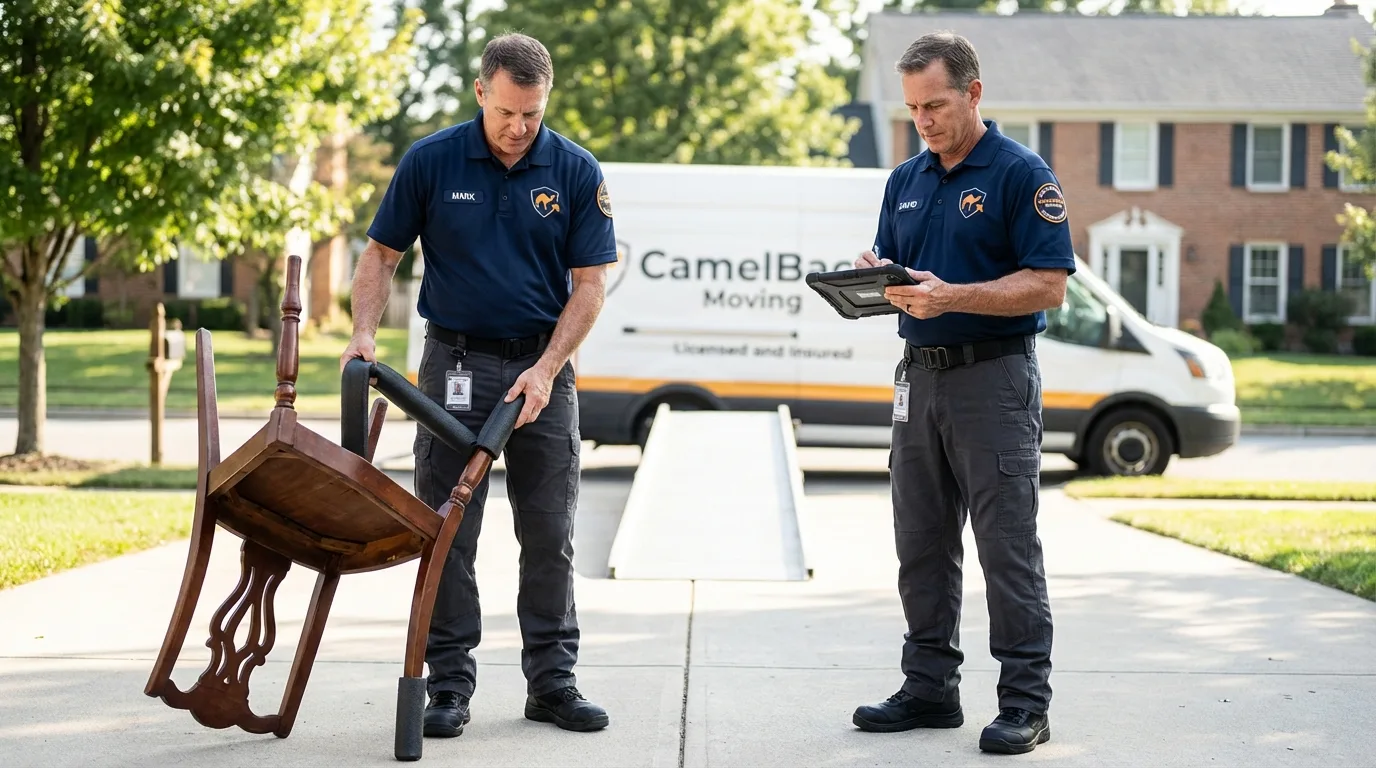 Movers inspecting furniture for damage prevention before loading in Clayton, NC