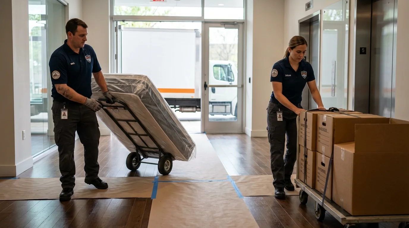 Professional apartment movers loading elevator in Clayton, NC